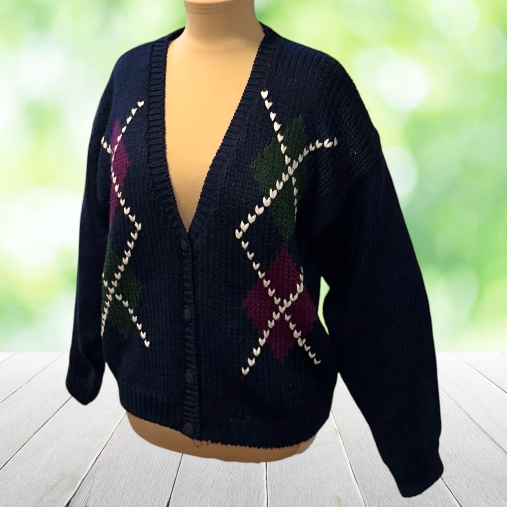 Vintage JAMIE SCOTT Hand Knit Cardigan Sweater Argyle Navy Blue Preppy Size L